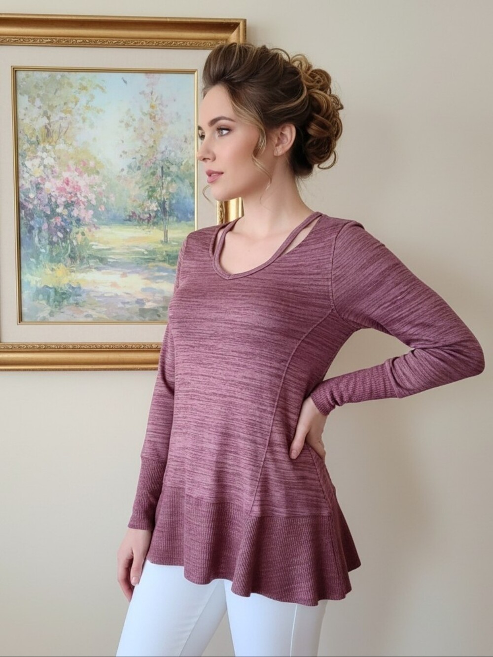 Cupio Mauve Heather Ribbed Knit Cutout-Neckline Hi-Lo Tunic Size Small